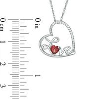 4.0mm Heart-Shaped Garnet and Diamond Accent Tilted "LOVE" Pendant in Sterling Silver|Peoples Jewellers