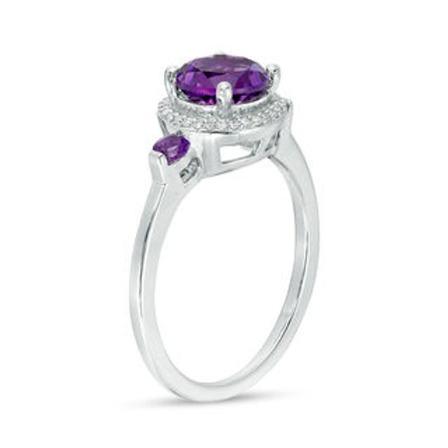 6.5mm Amethyst and 0.15 CT. T.W. Diamond Frame Three Stone Ring in Sterling Silver|Peoples Jewellers