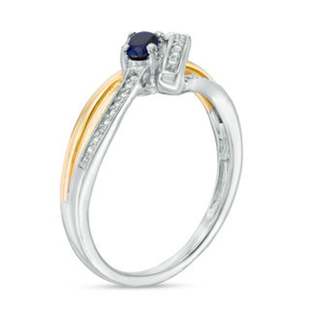 Oval Lab-Created Blue Sapphire and Diamond Accent Bypass Ring in Sterling Silver and 10K Gold|Peoples Jewellers