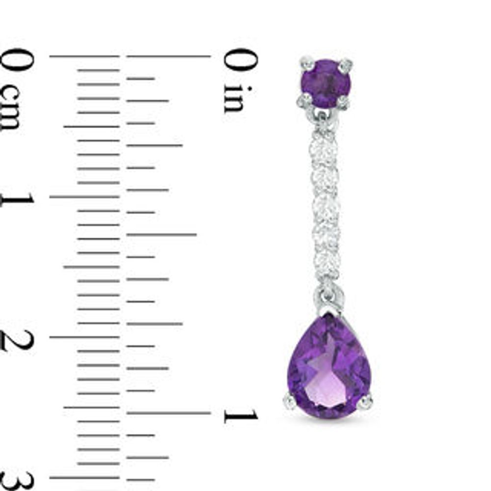 Pear-Shaped Amethyst and White Lab-Created Sapphire Line Drop Earrings in Sterling Silver|Peoples Jewellers