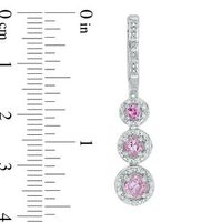 Lab-Created Pink Sapphire and 0.15 CT. T.W. Diamond Frame Three Stone Drop Earrings in Sterling Silver|Peoples Jewellers