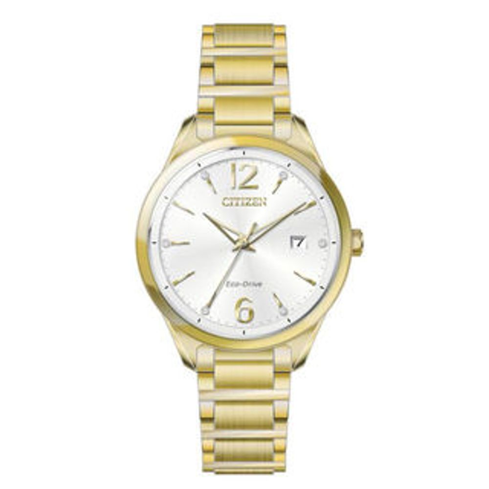 Ladies' Citizen Eco-Drive® Crystal Accent Gold-Tone Watch with Silver-Tone Dial (Model: FE6102-53A)|Peoples Jewellers