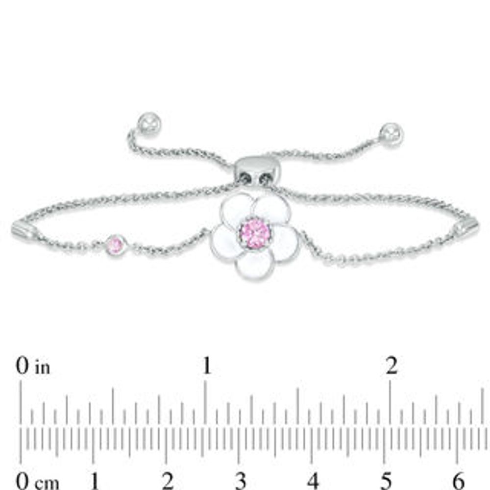 Blöem Lab-Created Pink Sapphire with White Enamel Plumeria Bolo Bracelet in Sterling Silver - 9"|Peoples Jewellers