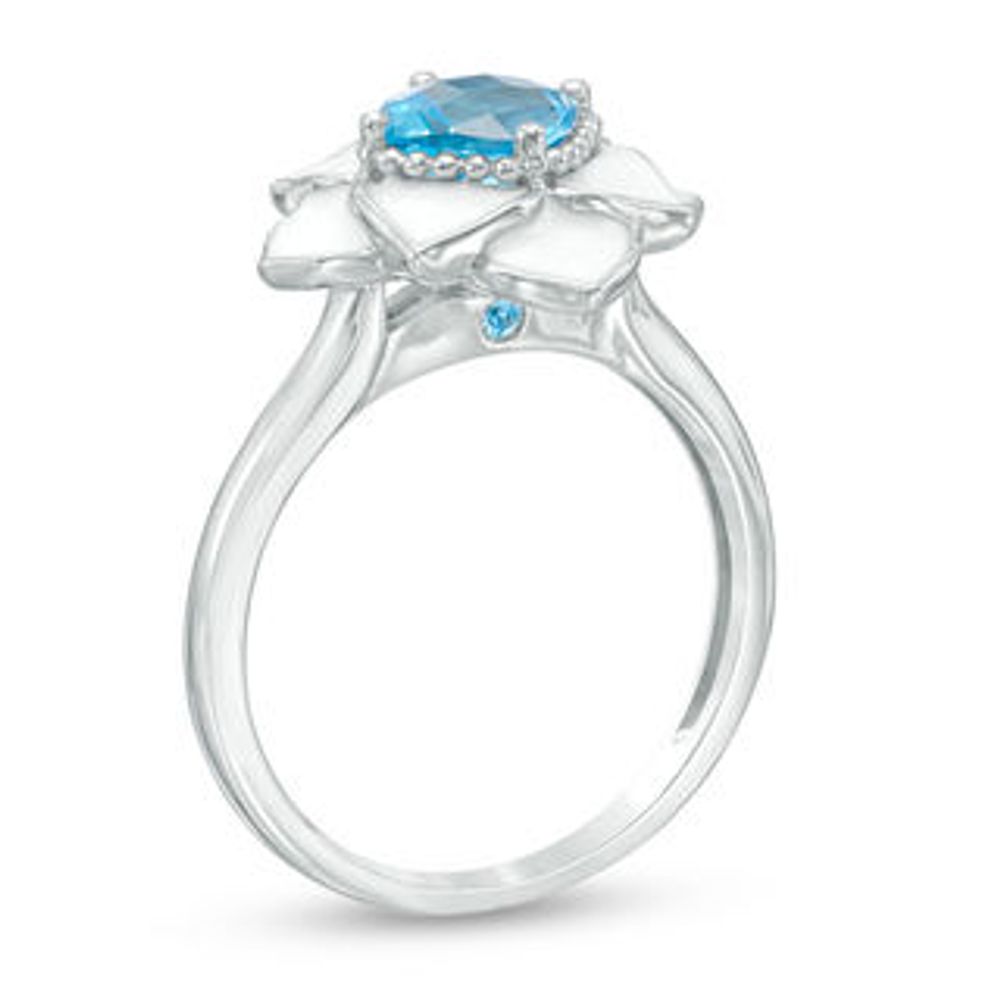 Blöem Cushion-Cut Swiss Blue Topaz with White Enamel Lotus Ring in Sterling Silver|Peoples Jewellers
