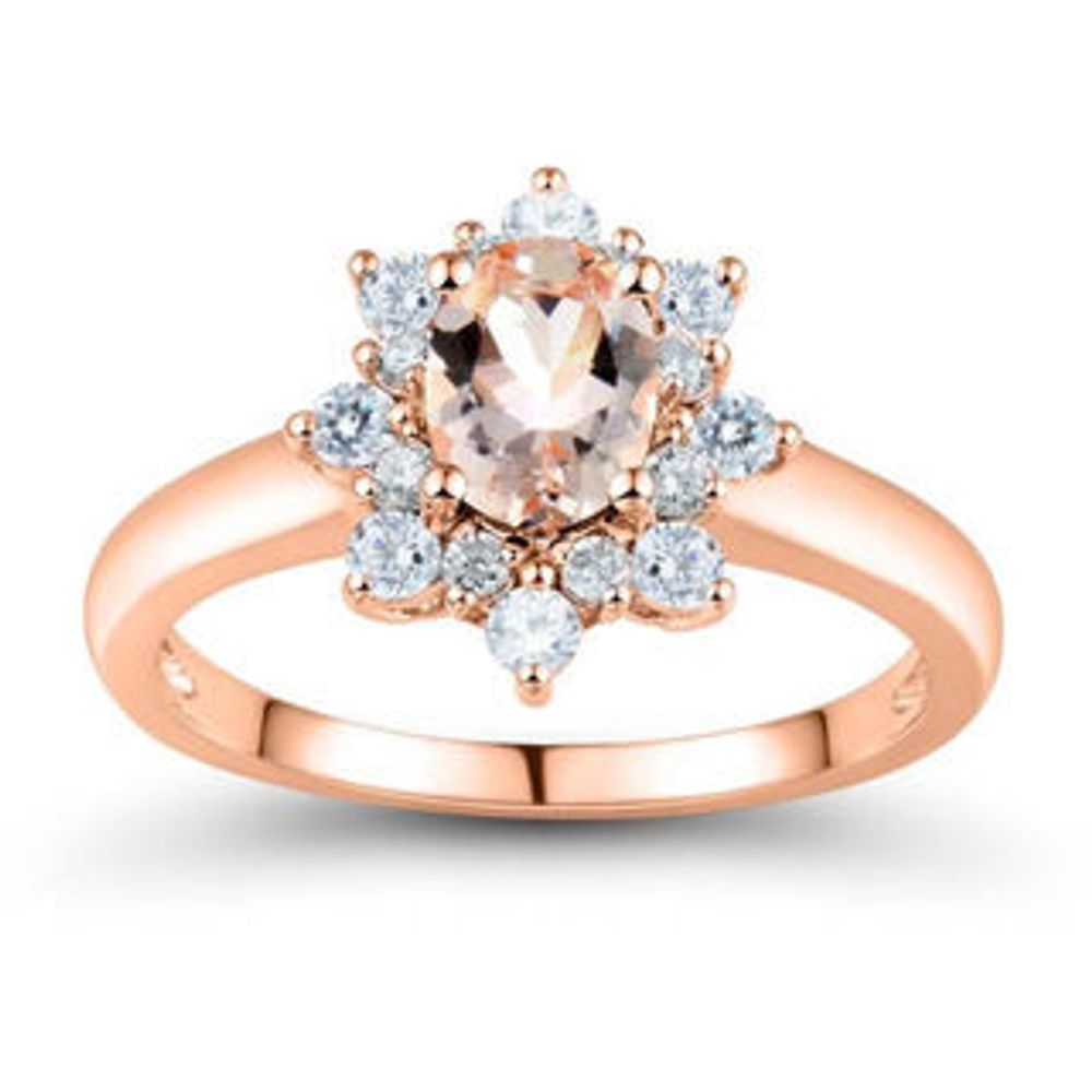 Oval Morganite and Lab-Created White Sapphire Sunburst Frame Ring in 10K Rose Gold|Peoples Jewellers