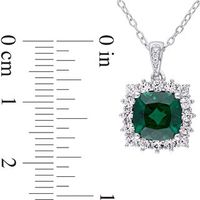8.0mm Cushion-Cut Lab-Created Emerald, White Sapphire and Diamond Accent Frame Pendant in Sterling Silver|Peoples Jewellers