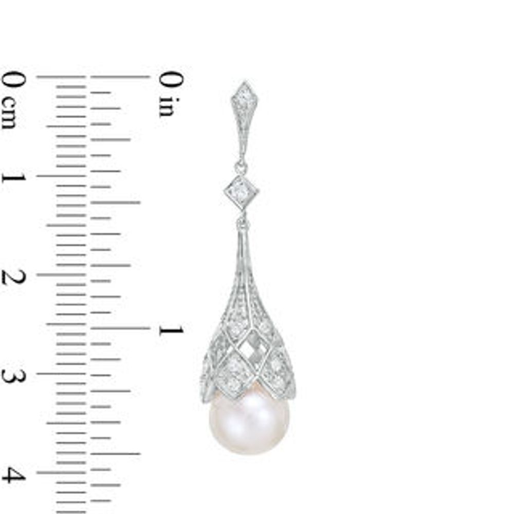 8.0-9.0mm Freshwater Cultured Pearl and Lab-Created White Sapphire Beaded Art Deco Drop Earrings in Sterling Silver|Peoples Jewellers