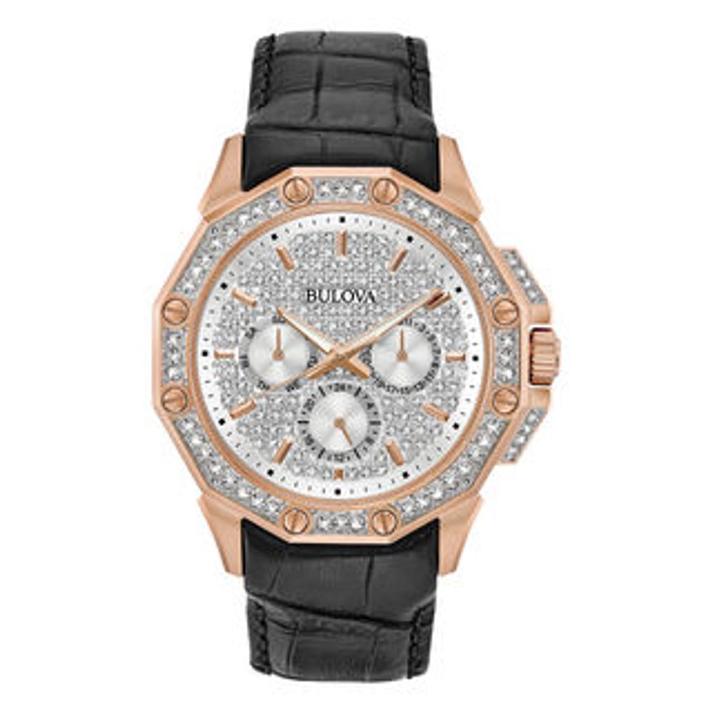 Men's Bulova Crystal Accent Rose-Tone Strap Watch with Silver-Tone Dial  (Model: 98C126)|Peoples Jewellers