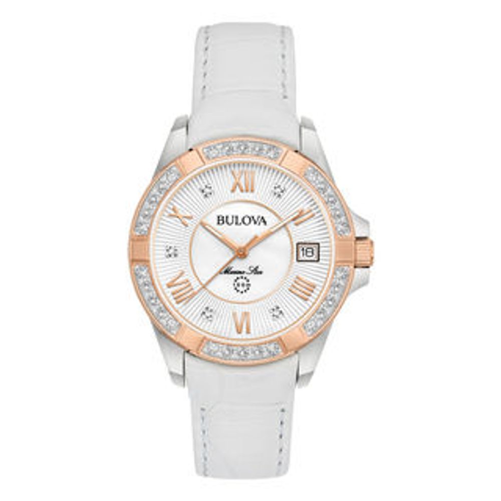 Ladies' Bulova Marine Star Diamond Accent Rose-Tone Strap Watch with Mother-of-Pearl Dial (Model: 98R233)|Peoples Jewellers