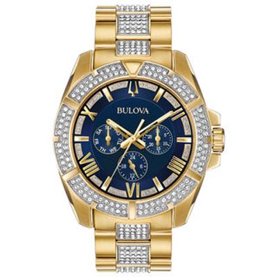 Men's Bulova Octava Crystal Accent Gold-Tone Watch with Blue Dial (Model: 98C128)|Peoples Jewellers