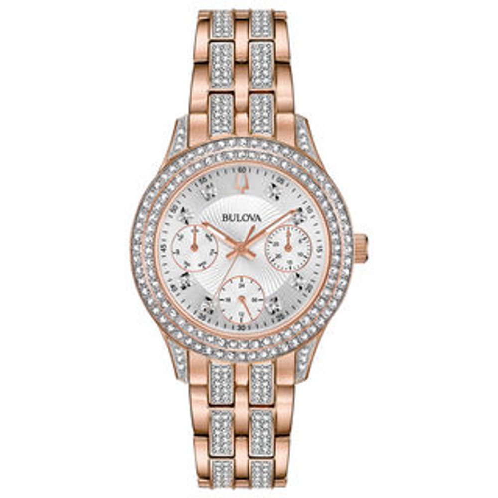 Ladies' Bulova Crystal Accent Rose-Tone Watch with White Dial (Model: 98N113)|Peoples Jewellers