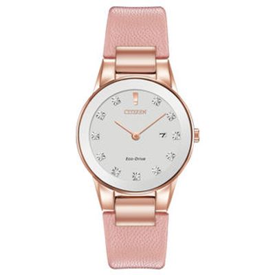 Ladies' Exclusive Citizen Eco-Drive® Axiom Diamond Rose-Tone Strap Watch with Silver-Tone Dial (Model: GA1058-08A)|Peoples Jewellers