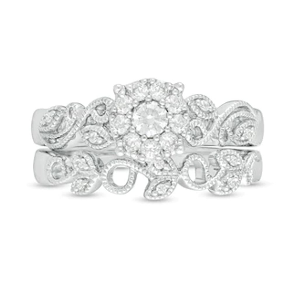 Perfect Fit 0.30 CT. T.W. Diamond Frame Vine-Shank Vintage-Style Interlocking Bridal Set in 10K White Gold|Peoples Jewellers