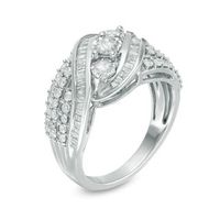 1.00 CT. T.W. Baguette and Round Diamond Three Stone Multi-Row Bypass Ring in Sterling Silver|Peoples Jewellers
