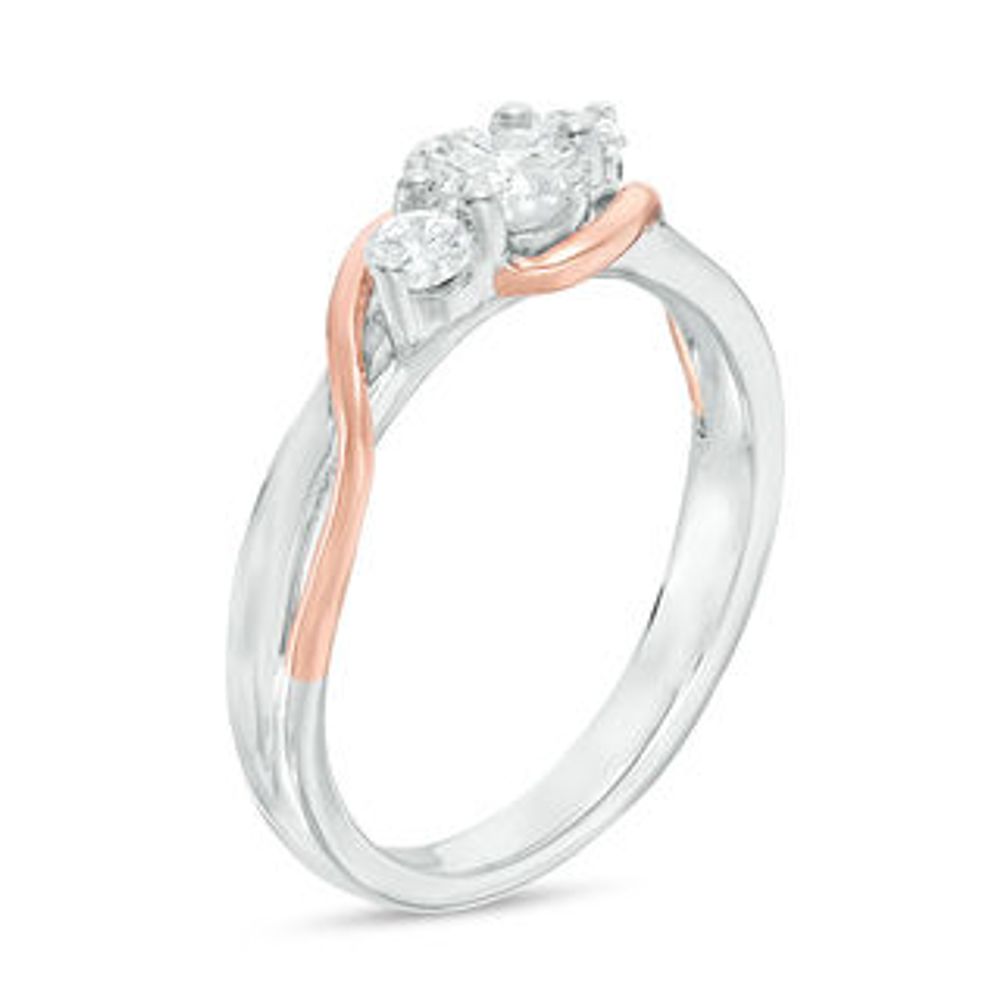Lab-Created White Sapphire Three Stone Bypass Ring in Sterling Silver and 10K Rose Gold|Peoples Jewellers