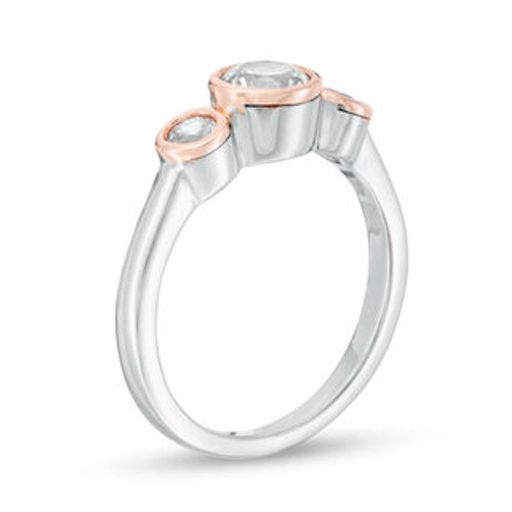 Lab-Created White Sapphire Three Stone Ring in Sterling Silver and 10K Rose Gold|Peoples Jewellers