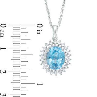 Oval Swiss Blue Topaz and Lab-Created White Sapphire Sunburst Frame Pendant in Sterling Silver|Peoples Jewellers