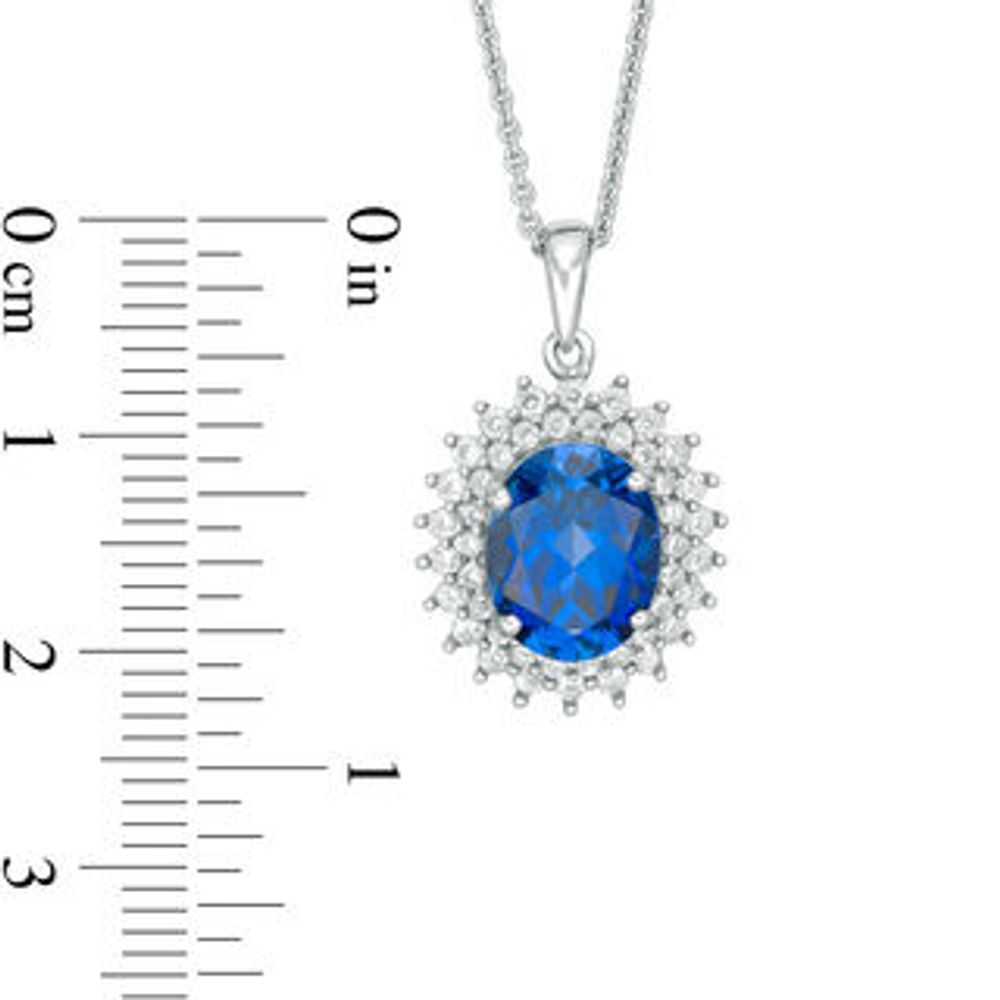 Oval Lab-Created Ceylon and White Sapphire Double Sunburst Frame Pendant in Sterling Silver|Peoples Jewellers