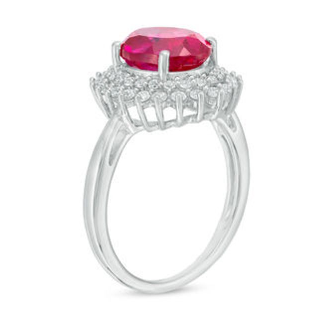 Oval Lab-Created Ruby and White Sapphire Sunburst Frame Ring in Sterling Silver|Peoples Jewellers