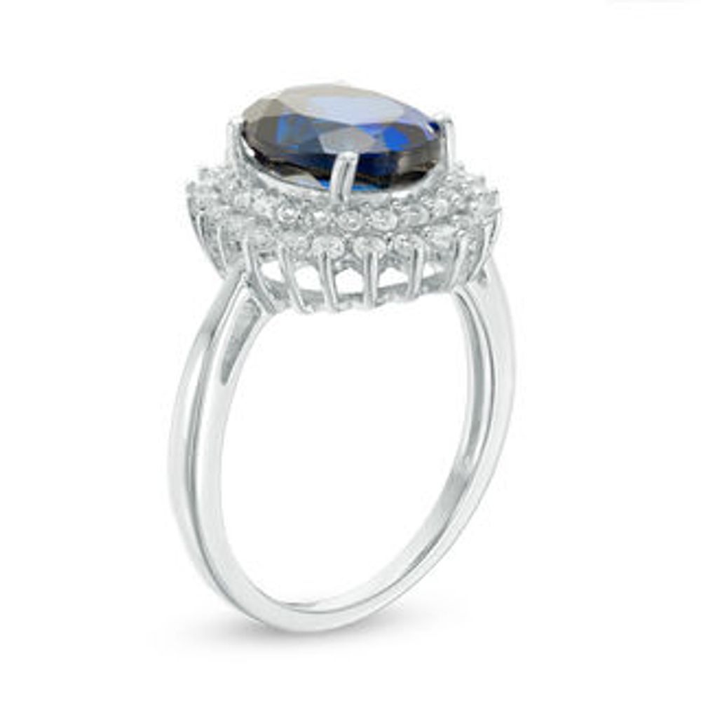 Oval Lab-Created Ceylon and White Sapphire Double Sunburst Frame Ring in Sterling Silver|Peoples Jewellers