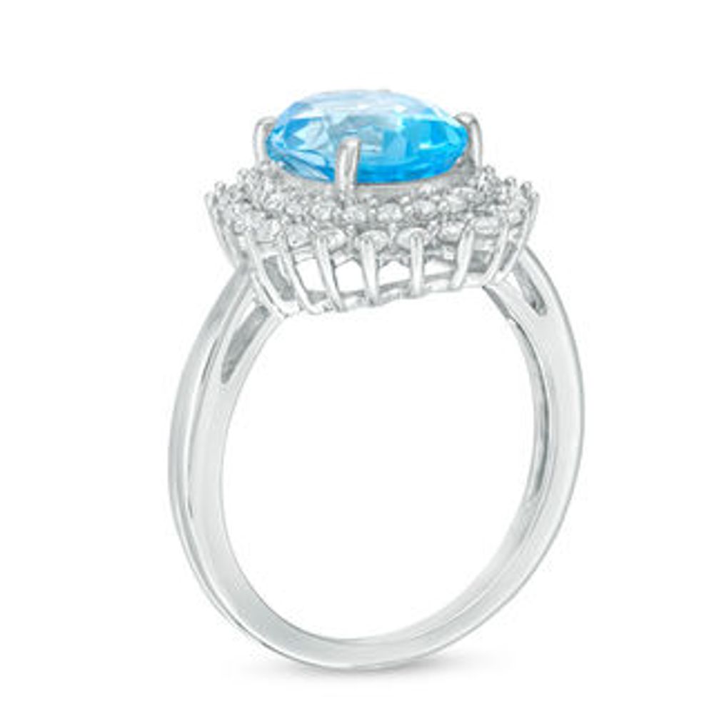 Oval Swiss Blue Topaz and Lab-Created White Sapphire Sunburst Frame Ring in Sterling Silver|Peoples Jewellers