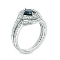 6.0mm Lab-Created Blue and White Sapphire with 0.30 CT. T.W. Diamond Frame Vintage-Style Bridal Set in Sterling Silver|Peoples Jewellers