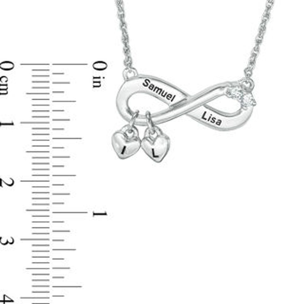 Simulated Birthstone Infinity with Heart Charm Necklace in Sterling Silver (2 Stones, Names and Initials)|Peoples Jewellers