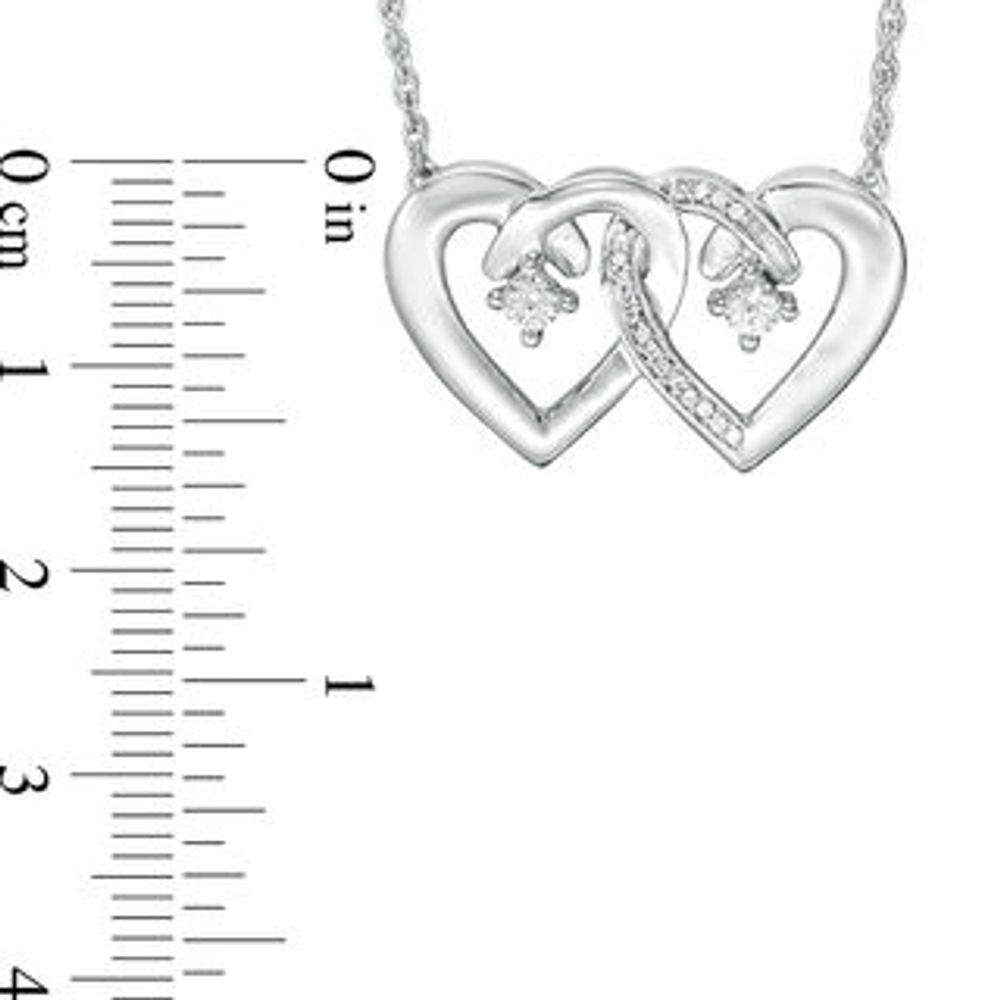 Couple's Simulated Birthstone and 1/20 CT. T.W. Diamond Double Heart Necklace in Sterling Silver (2 Stones)|Peoples Jewellers