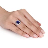 Oval Lab-Created Blue and White Sapphire Sunburst Frame Ring in Sterling Silver with Diamond Accents|Peoples Jewellers