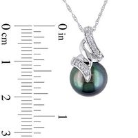 9.5-10.0mm Black Tahitian Cultured Pearl and 0.09 CT. T.W. Diamond Cascading Ribbon Pendant in 10K White Gold-17"|Peoples Jewellers