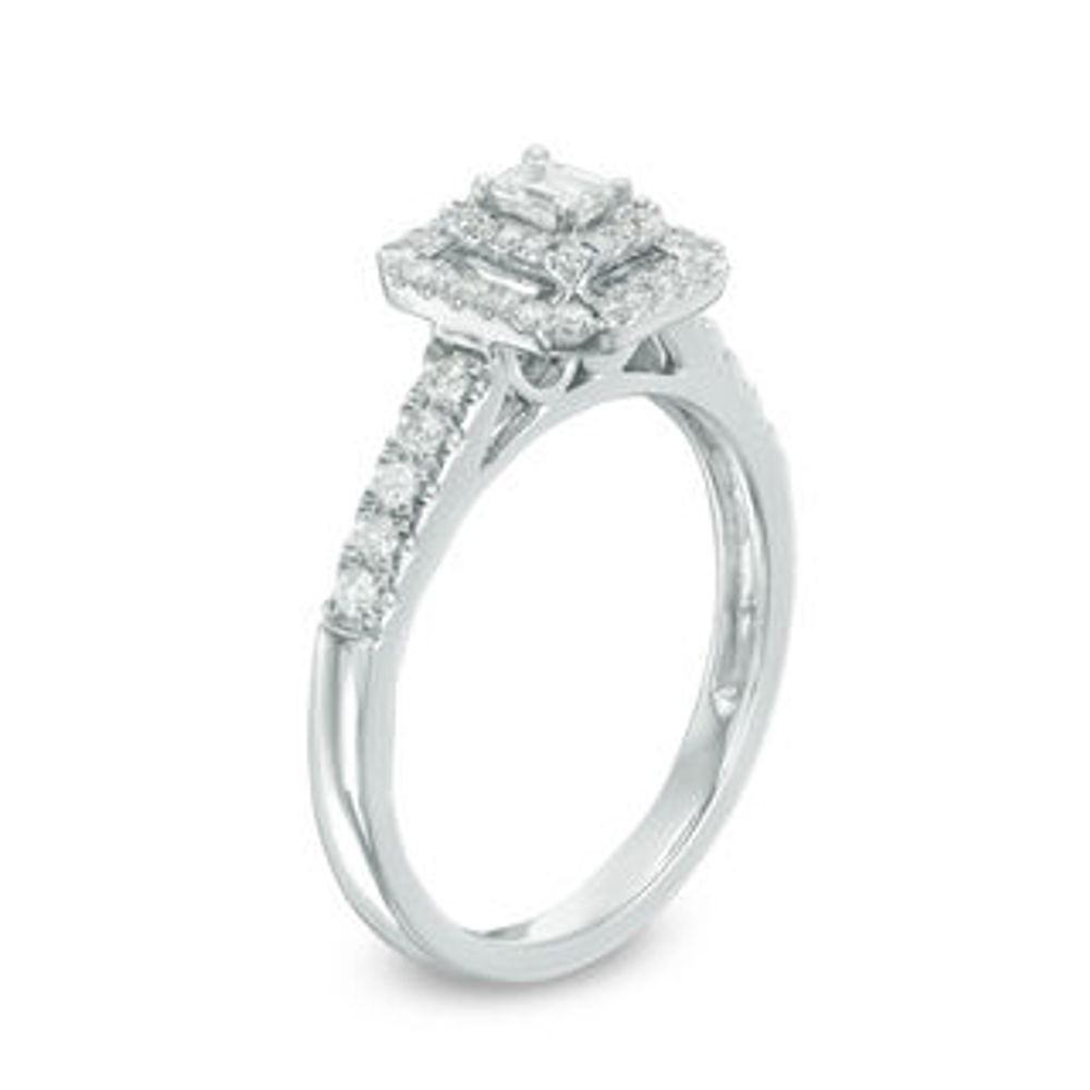 0.45 CT. T.W. Emerald-Cut Diamond Double Frame Engagement Ring in 14K White Gold|Peoples Jewellers