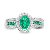 Oval Lab-Created Emerald and White Sapphire Frame Triple Row Ring in Sterling Silver|Peoples Jewellers