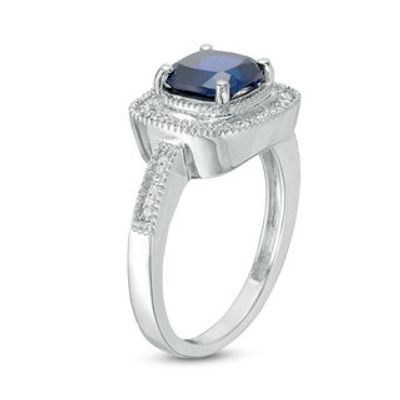 7.0mm Cushion-Cut Lab-Created Blue Sapphire and 0.09 CT. T.W. Diamond Frame Engagement Ring in 10K White Gold|Peoples Jewellers