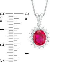 Oval Lab-Created Ruby and White Sapphire Sunburst Frame Pendant in Sterling Silver|Peoples Jewellers