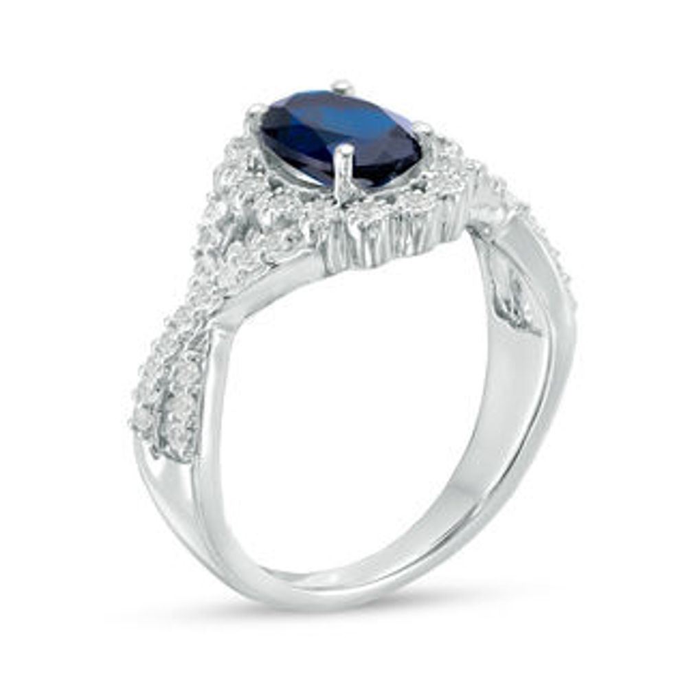 Oval Lab-Created Blue and White Sapphire Scallop Frame Engagement Ring in Sterling Silver|Peoples Jewellers