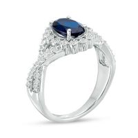 Oval Lab-Created Blue and White Sapphire Scallop Frame Engagement Ring in Sterling Silver|Peoples Jewellers