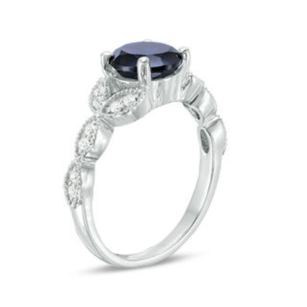 7.0mm Lab-Created Blue Sapphire and 0.145 CT. T.W. Diamond Vintage-Style Petals Engagement Ring in 10K White Gold|Peoples Jewellers