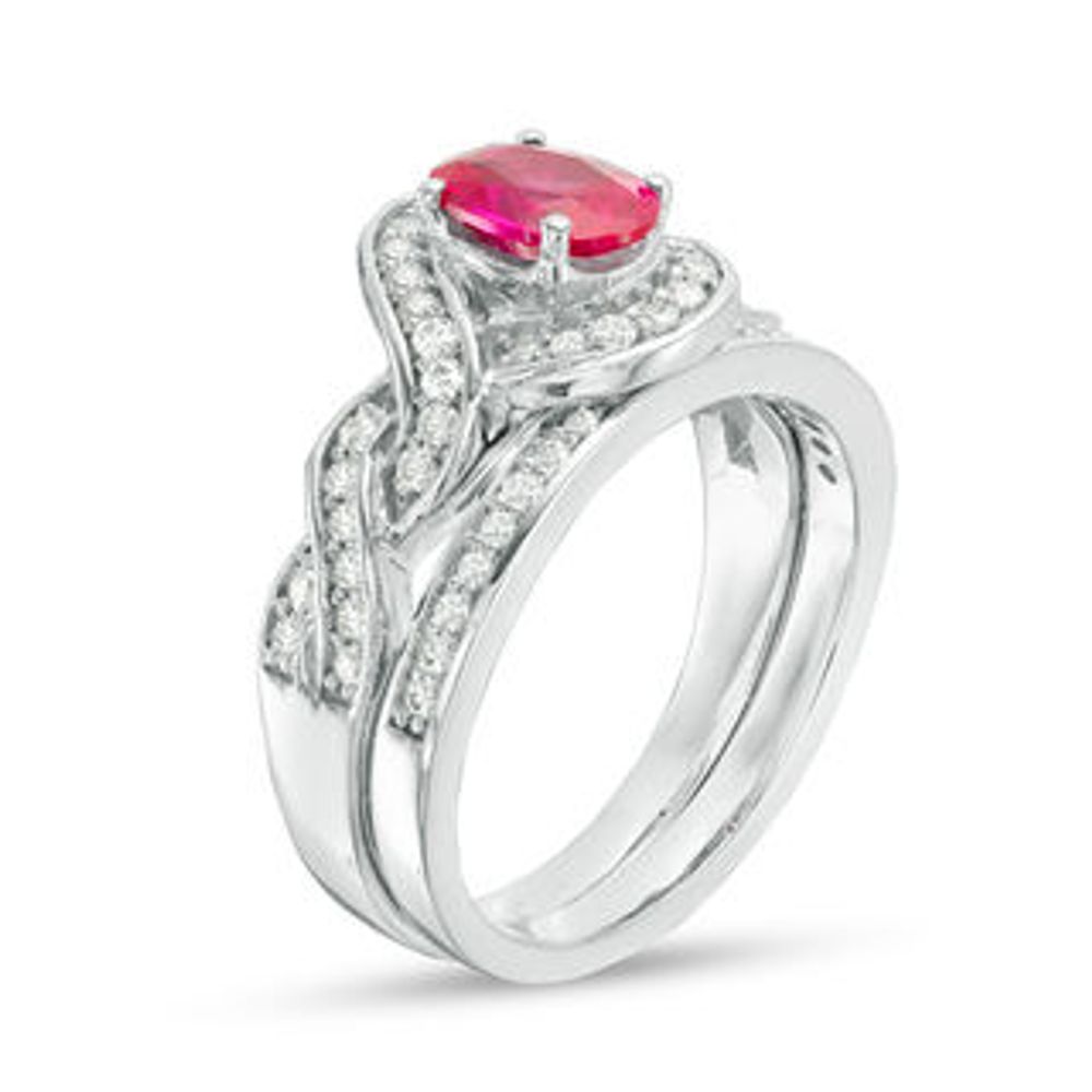 Oval Lab-Created Ruby and 0.45 CT. T.W. Diamond Braided Frame Bridal Set in Sterling Silver|Peoples Jewellers