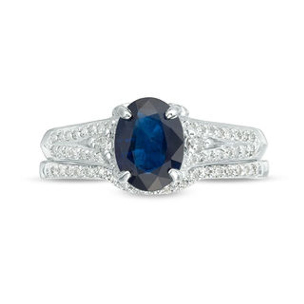 Oval Blue Sapphire and 0.32 CT. T.W. Diamond Bridal Set in 14K White Gold - Size 7|Peoples Jewellers
