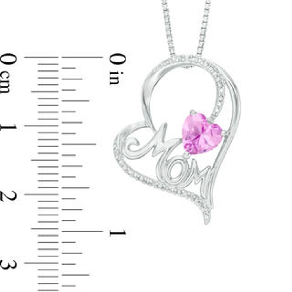 6.0mm Lab-Created Pink Sapphire and 0.066 CT. T.W. Diamond "MOM" Tilted Heart Pendant in Sterling Silver|Peoples Jewellers