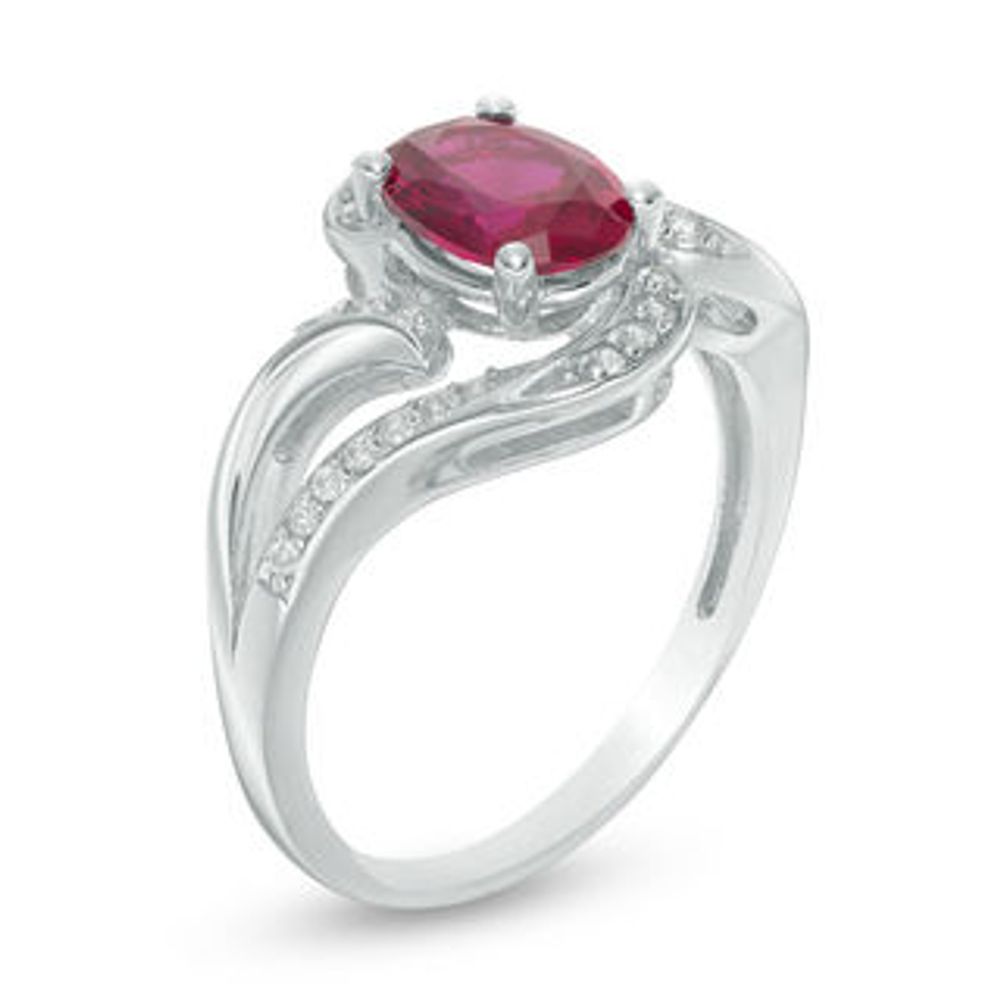 Oval Lab-Created Ruby and White Sapphire Swirl Bypass Split Shank in Sterling Silver|Peoples Jewellers