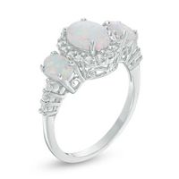 Oval Lab-Created Opal and White Sapphire Frame Three Stone Ring in Sterling Silver|Peoples Jewellers