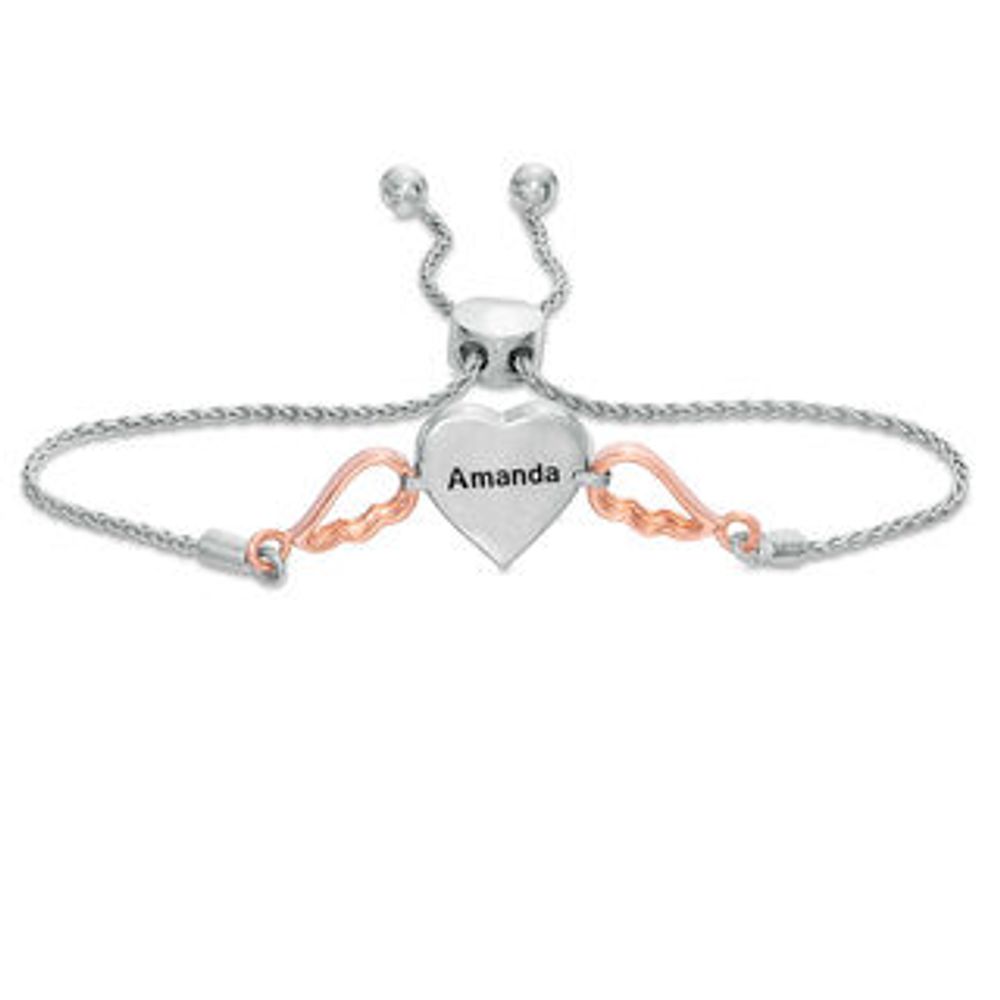 1/15 CT. T.W. Diamond Double Heart with Wings Bolo Bracelet in Sterling Silver and 10K Rose Gold (1 Line) - 9.5"|Peoples Jewellers