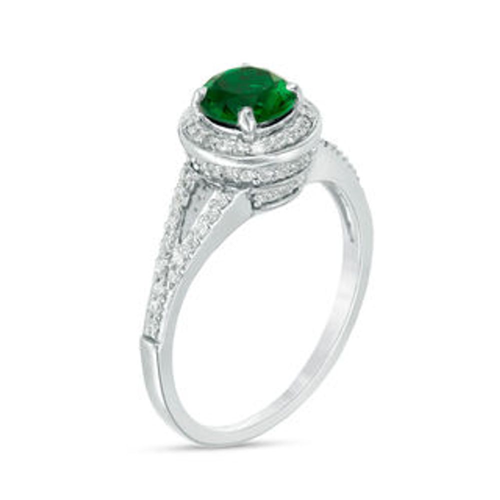 6.0mm Lab-Created Emerald and 0.29 CT. T.W. Diamond Frame Split Shank Ring in 10K White Gold|Peoples Jewellers