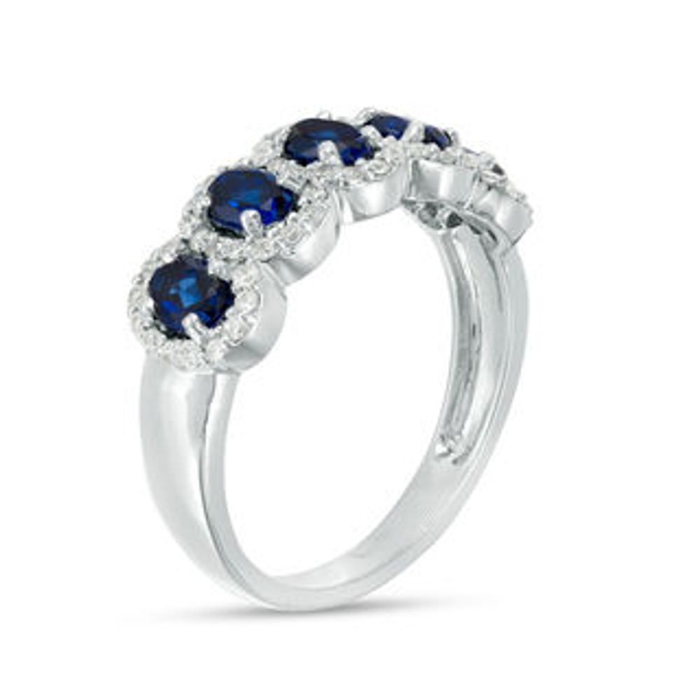 Oval Lab-Created Blue Sapphire and 0.29 CT. T.W. Diamond Frame Five Stone Ring in 10K White Gold|Peoples Jewellers