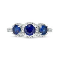 Lab-Created Blue Sapphire and 0.23 CT. T.W. Diamond Frame Three Stone Ring in 10K White Gold|Peoples Jewellers