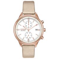 Ladies' Citizen Eco-Drive® Chandler Rose-Tone IP Chronograph Strap Watch with White Dial (Model: FB2003-05A)|Peoples Jewellers