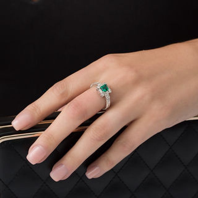 5.0mm Princess-Cut Lab-Created Emerald and 0.43 CT. T.W. Diamond Three Stone Frame Vintage-Style Ring in 10K White Gold|Peoples Jewellers