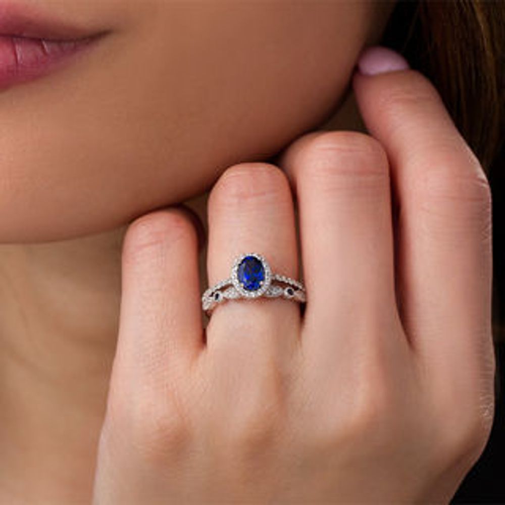 Oval Lab-Created Blue and White Sapphire Frame Vintage-Style Bridal Set in 10K White Gold|Peoples Jewellers