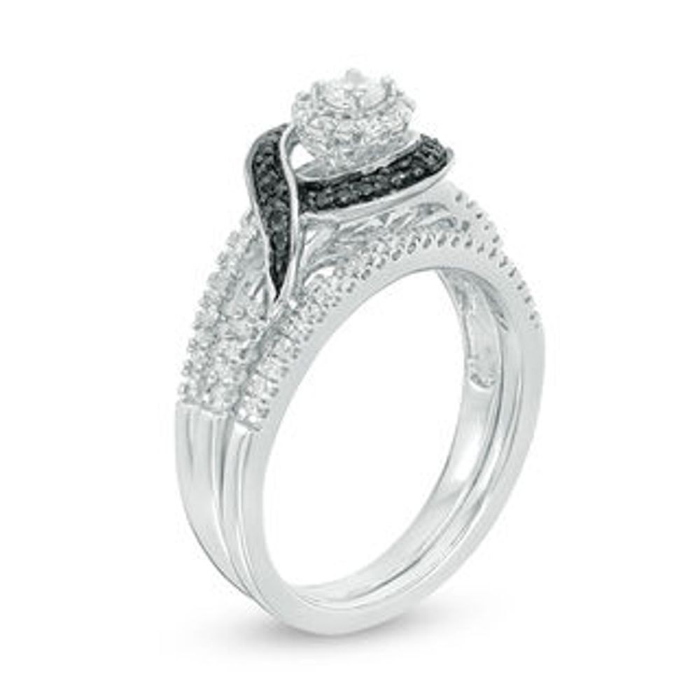 0.45 CT. T.W. Enhanced Black and White Diamond Frame Bypass Swirl Bridal Set in 10K White Gold|Peoples Jewellers